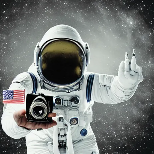 Image similar to an astronaut with a beer bottle and a vintage camera