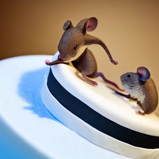 Prompt: 2 mice dancing on top of a 4 layered wedding cake, award winning, national geographic, macro shot