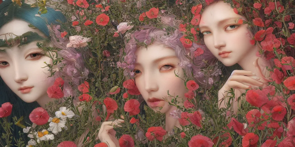 Image similar to breathtaking detailed concept art painting of the goddess of poppy flowers, orthodox saint, with anxious, piercing eyes, ornate background, amalgamation of leaves and flowers, by hsiao - ron cheng and john james audubon and miho hirano, extremely moody lighting, 8 k