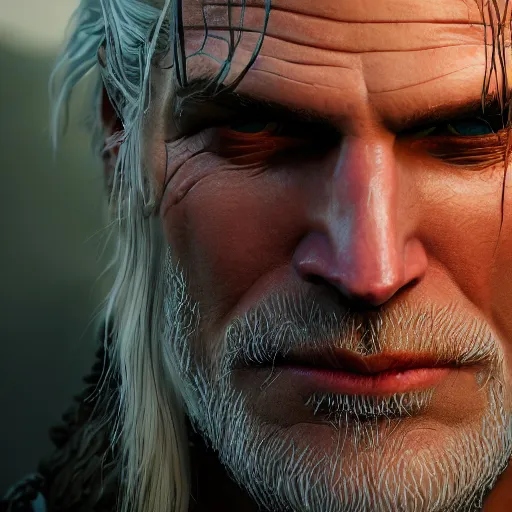 Image similar to close up of Geralt of Rivia, depth of field, 8k, 35mm film grain, unreal engine 5 render dramatic, intricate, elegant, highly detailed, digital painting, artstation, concept art, smooth, sharp focus, illustration, octane render, art by Leesha Hannigan, Ross Tran, Thierry Doizon, Kai Carpenter, Ignacio Fernández Ríos