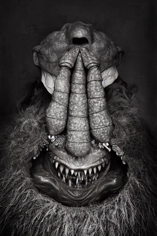 Image similar to heitsi eibib the ancient shaman mage sits inside gaping open mouth jaw maw of enormous tribal toad, highly detailed fantasy portrait, by erwin olaf and anton corbijn, smooth, matte, mysticism