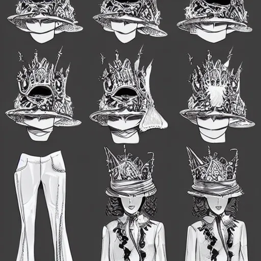 Image similar to clothing design concepts sheet, jester crown tophat,