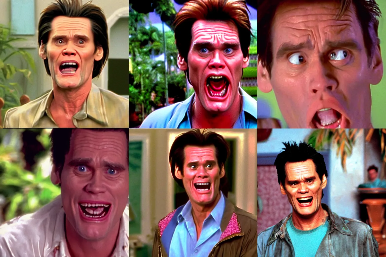 Prompt: still frame of Jim Carrey in Ace Ventura, 500% facial animation