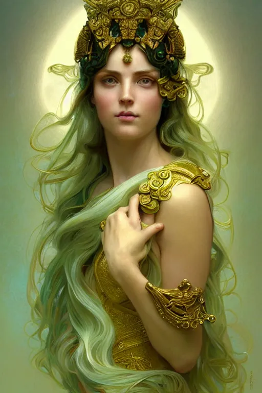 Image similar to portrait of athena , fantasy, gradient white green gold, dreamy and ethereal, green eyes, golden ratio, peaceful expression, ornate frilly dress, fantasy, intricate, elegant, golden clouds, highly detailed, digital painting, artstation, concept art, smooth,b sharp focus, illustration, art by artgerm and greg rutkowski and alphonse mucha