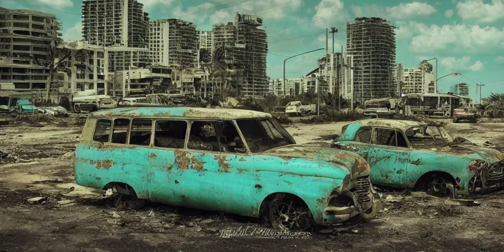Prompt: fallout 5, photo of dilapidated miami, tropical coastal city, desolate, dilapidated, some rusted retro futuristic vintage parked vehicles like cars, buses, trucks, trams, sunny weather, few clouds, volumetric lighting, photorealistic, daytime, spring, sharp focus, ultra detailed, 4 0 0 0 k, technicolour 1