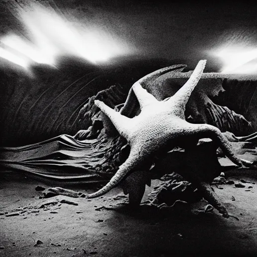 Image similar to North korean starfish monster, kaiju-eiga, thriller, monochrome, film grain, flare, backlit