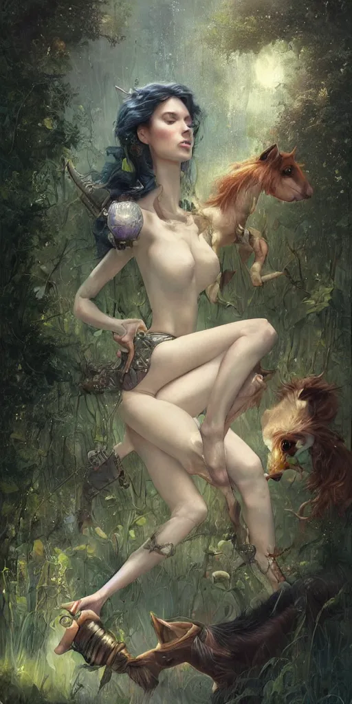 Image similar to a beautiful lush landscape of a the most beautiful woman and her draughthorse, hyperrealistic, award-winning, masterpiece, in the style of Tom Bagshaw, Cedric Peyravernay, Peter Mohrbacher