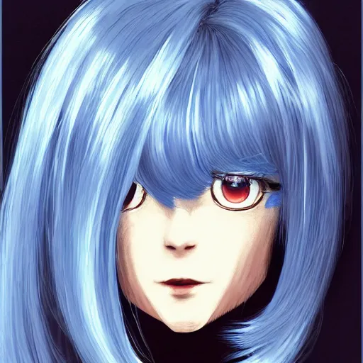 Prompt: profile shot of rimuru tempest, sky blue straight hair, long bangs, gold eyes, wearing a black jacket with white stripes, high collar, ultra detailed, brush strokes, digital painting, cinematic, wlop, closeup, pixiv, color block, eerie, scary, yoshitaka amano, andy warhol, junji ito