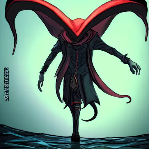 Image similar to concept art character with a vampire squid head and cape that is tall and thin that lives in an ocean setting in the apocalypse created by Dana terrace for a comic book with chromatic aberration and design influences from fret nice the video game