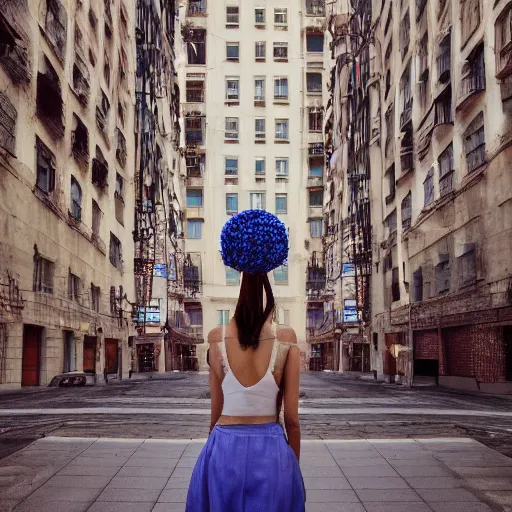 Image similar to giant flower head, woman walking through city, surreal photography, cinematic, blue sky, symmetry, detailed, retro, wes anderson