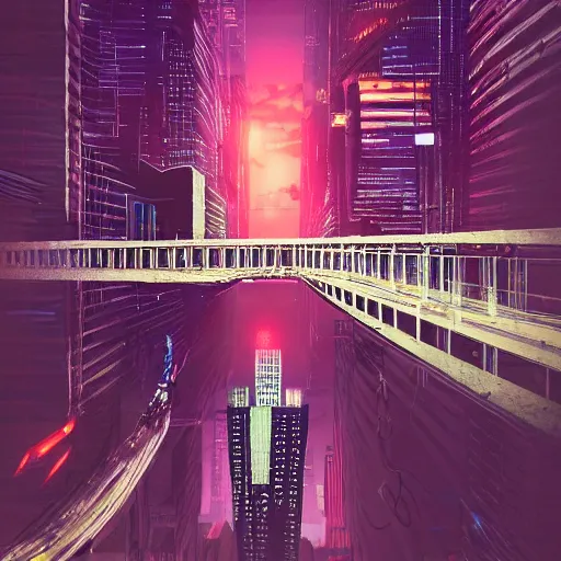 Image similar to a man standing on top of a bridge over a city, cyberpunk art by vincent lefevre, behance contest winner, altermodern, cityscape, synthwave, matte painting