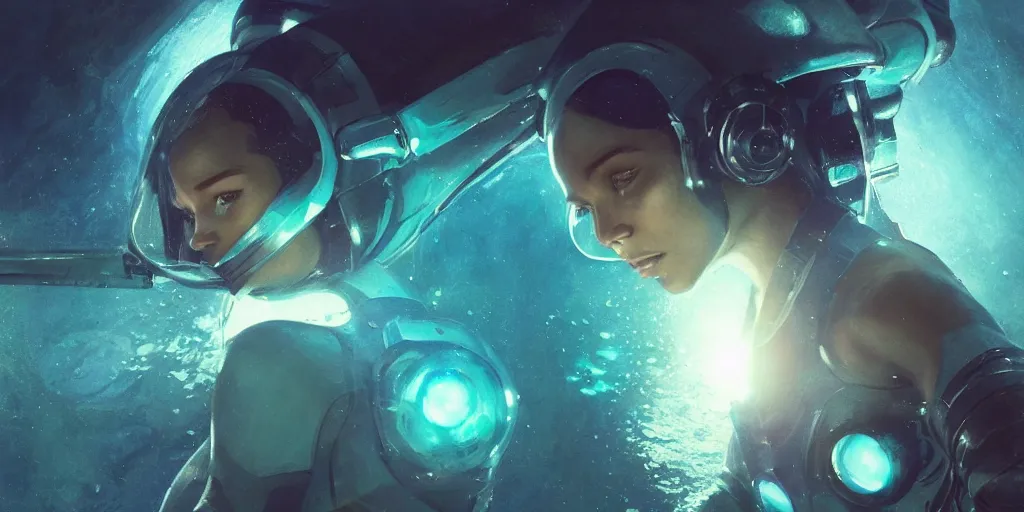 Image similar to Zoe Kravitz as a futuristic astronaut, underwater in the ocean at night, murky water, volumetric lighting, glowing lights, 4k, octane, digital painting, artstation, concept art, sharp focus, underwater photograph , art by artgerm and greg rutkowski and alphonse mucha , portrait,