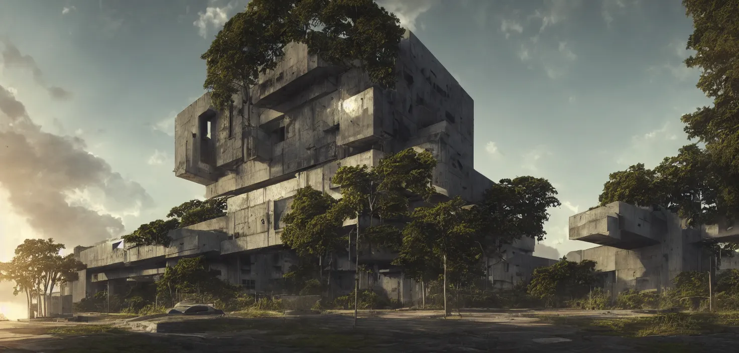 Image similar to simple brutalist architecture, surrounded by lush green vegetation, stunning volumetric lighting, sunset, metal, concrete, translucent material, stunning skies, 8k, photorealistic, hyper detailed, unreal engine 5, IMAX quality, cinematic, epic lighting, digital painting in the style of DOOM, by Greg Rutkowski, trending on Artstation