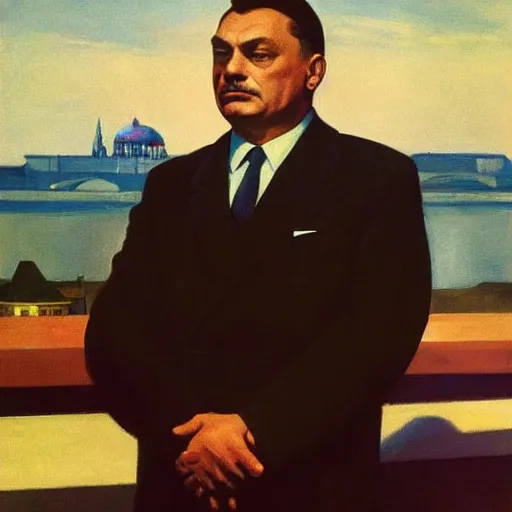 Prompt: leader of fascist hungary, viktor orban, overseeing the war torn city from the banks of the danube river in budapest during the siege 1 9 4 5, by edward hopper