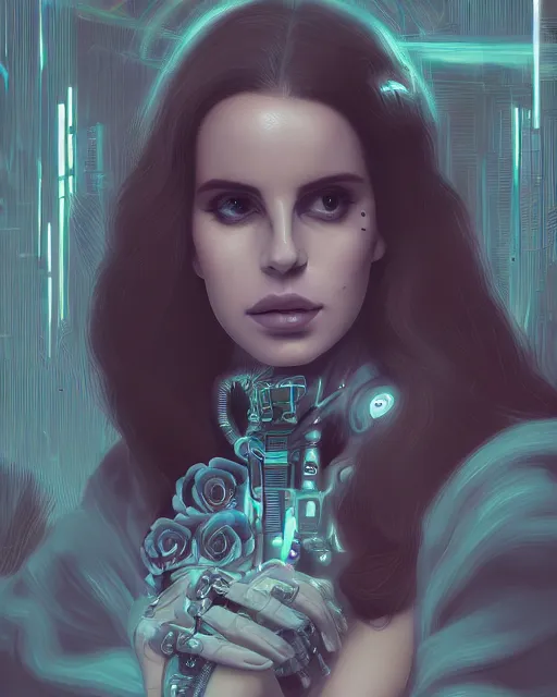 Image similar to portrait of lana del rey as a cyberpunk cyborg. intricate abstract. intricate artwork, tear drops, roses, by tooth wu, wlop, beeple, dan mumford. concept art, octane render, trending on artstation, greg rutkowski, asymmetrical, cinematic arthouse, key art, hyper realism, iridescent accents