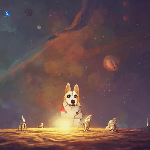 Prompt: corgi cosmonaut, d & d character art, fantasy, highly detailed illustration, background composed of stars and planets, greg rutkowski, 8 k, trending on artstation