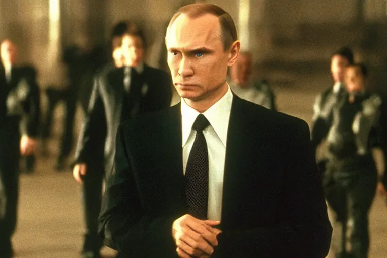 Image similar to film still of Vladimir Putin as agent Smith from the movie The Matrix (1999)