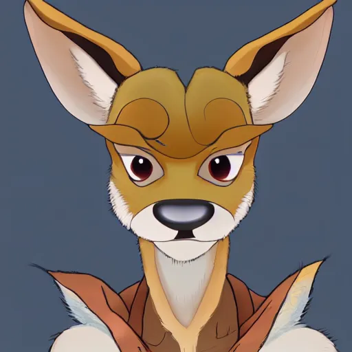 Image similar to a portrait of an anthropomorphic deer, furry fursona, in the style of hayao miyazaki and masamune shirow, soft lighting, wlop