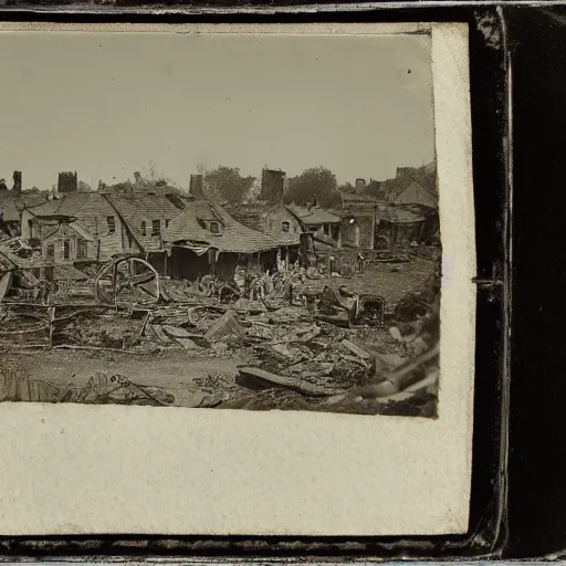 Prompt: tintype photograph of thriving village located in ruins of new york city, destroyed background city, small village, 2 0 9 0 s, crowds of people