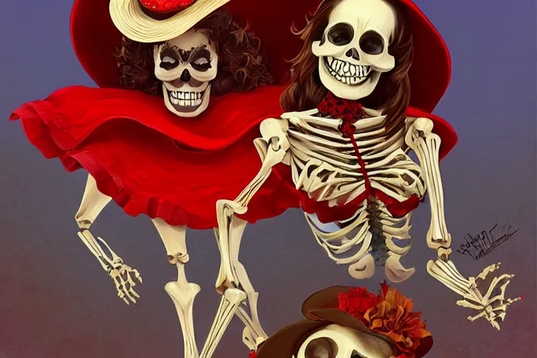 Image similar to cute & beautiful smiling mexican undead skeleton girl wearing a sombrero and a wide red dress, elegant, digital art, fantasy, pixar style, painting, pin up, highly detailed, artstation, art by artgerm, vrubel, boris vallejo and ilya kuvshinov