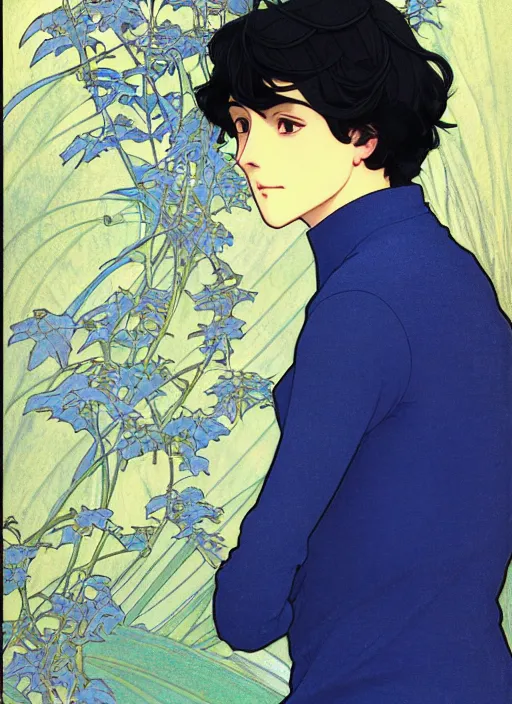 Prompt: handsome young man with short black hair, male, dressed in blue, looking down, half body shot, arms down, path traced, highly detailed, high quality, digital painting, by studio ghibli and alphonse mucha, hidari, art nouveau