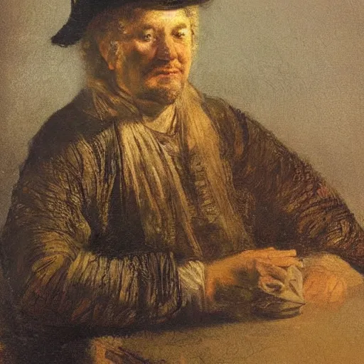 Prompt: it's morning. sunlight is pouring through the window bathing the face of a man holding a feather and enjoying a hot cup of coffee. a new day has dawned bringing with it new hopes and aspirations. painting by rembrandt, 1 6 5 6