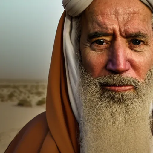 Image similar to 4 k portrait sony a 7 f 2. 8 wide angle of president joe biden as a taliban leader with a beard getting freaky in kuwait with sand storm desert lighting