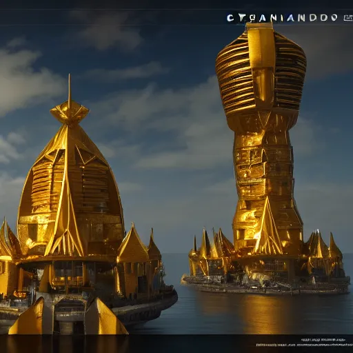 Image similar to a golden fantasy sci fi luxurious city with cerulean oceansides and a tower, scandinavian / norse influenced, cinematic, ray traced, octane render, cinematic lighting, ultrarealistic, featured on artstation, 8 k uhd artwork