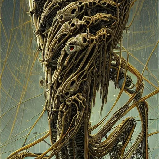 Prompt: organic cyborg alien skeleton style of peter gric Lovecraftian alien centipede dark celestial