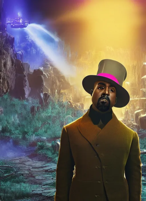 Image similar to Kanye West as willy wonka in fallout new vegas, splash art, movie still, cinematic lighting, dramatic, octane render, long lens, shallow depth of field, bokeh, anamorphic lens flare, 8k, hyper detailed, 35mm film grain