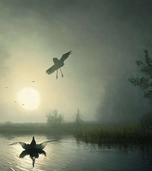 Image similar to three long legs crows in a little boat in a swamp, volumetric lighting, majestic light, octane render, ethereal glare of the sun, hyperrealistic, epic, masterpiece, by greg rutkowski