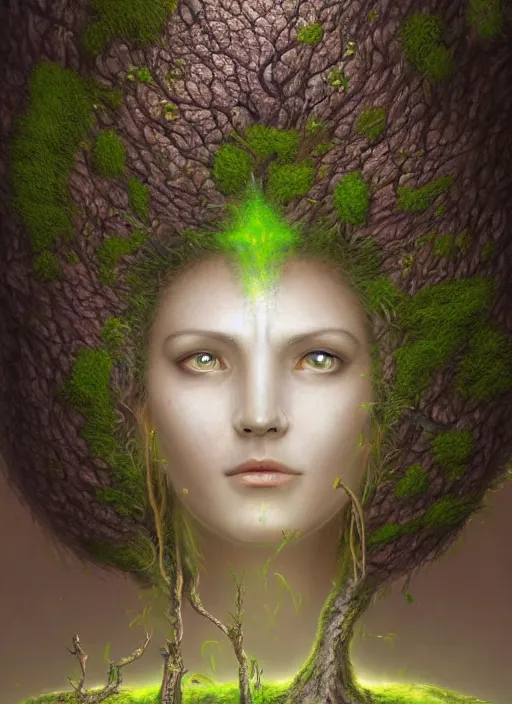 Prompt: Portrait of an Ancient android with a tree growing out of her head, patches of moss, translucent leaves, extremly detailed digital painting, in the style of Tomasz Alen Kopera and Fenghua Zhong and Peter Mohrbacher, mystical colors, rim light, beautiful lighting, 8k, stunning scene, raytracing, octane, trending on artstation