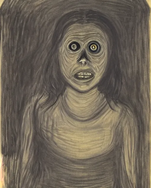 Prompt: scary portrait of a young female with glowing eyes, similar to the scream drawing by Edvard Munch