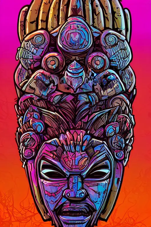 Image similar to totem animal mask tribal feather gemstone plant wood rock shaman vodoo video game vector illustration vivid color borderlands by josan gonzales and dan mumford radiating a glowing aura