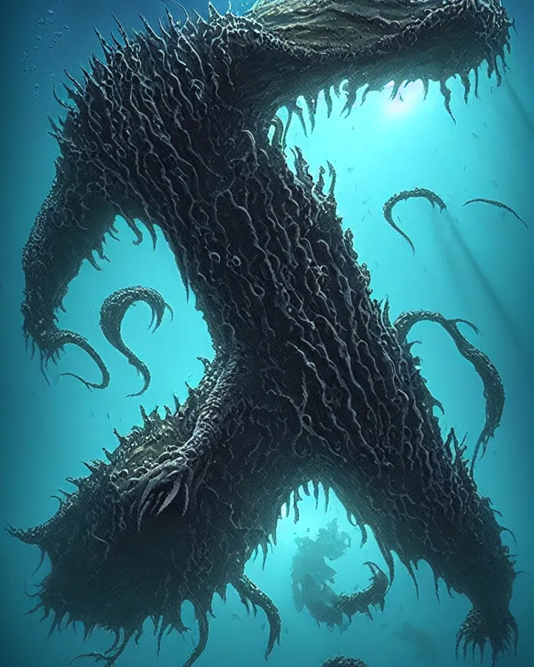 Prompt: a huge monster, underwater, open ocean, thalassaphobia