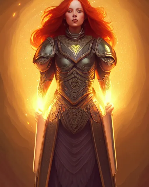 Image similar to symmetry full body of redhead princess, glam, cleric wearing armor plate, fireflies, crypt background, intricate, elegant, highly detailed, digital painting, artstation, concept art, smooth, sharp focus, illustration, art by artgerm and greg rutkowski and fra angelico and alphons mucha