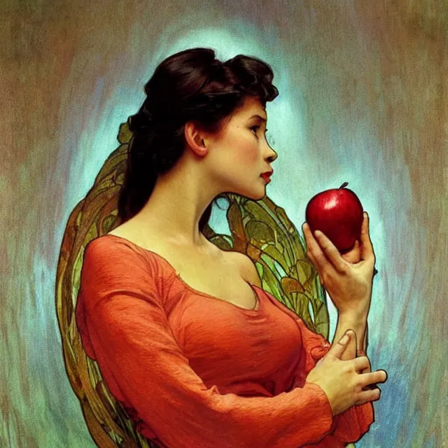 Prompt: an aesthetic! detailed close - up portrait of an aesthetic woman crying mournfully while holding an apple in a gloved hand, by frank frazetta and alphonse mucha, oil on canvas, bright colors, art nouveau, epic composition, dungeons and dragons fantasy art, hd, god - rays, ray - tracing, crisp contour - lines, huhd - 8 k