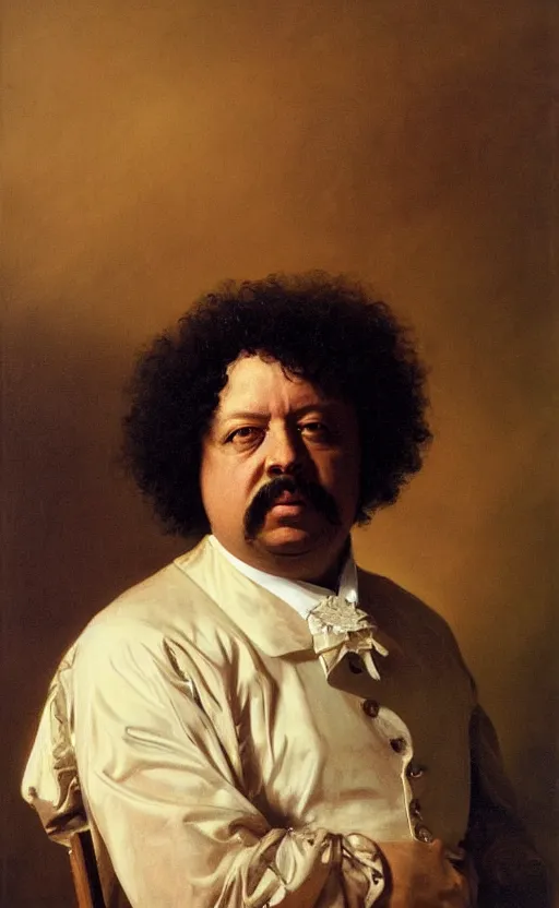 Image similar to Portrait of Alexandre Dumas, oil on canvas, highly detailed, by Kramskoy, 8k