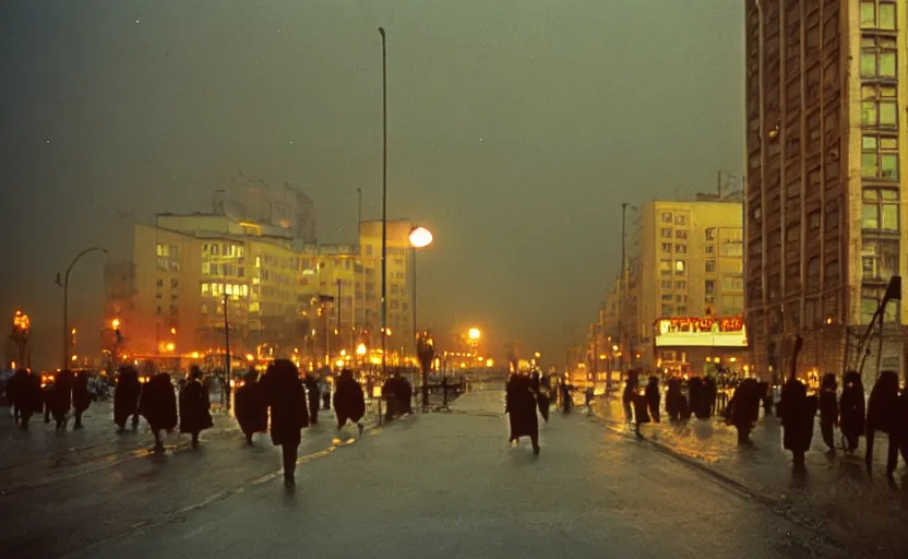 Image similar to 60s movie still of a sovietic street with many pedestrians with stalinist style highrise, Cinestill 800t 18mm, heavy grainy picture, very detailed, high quality, 4k panoramic, HD criterion, dramatic lightning, streetlight at night, rain, mud, foggy, soviet flags