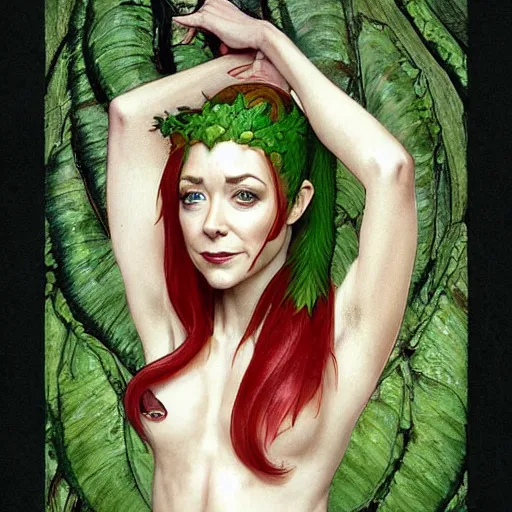 Prompt: a stunningly detailed illuminated manuscript of a beautiful alyson hannigan dressed as poison ivy with white skin and with hair pulled up in a ponytail, dark eyeliner, intricate, elegant, highly detailed, digital painting, artstation, concept art, sharp focus, illustration, art by greg rutkowski and alphonse mucha