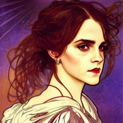 Image similar to emma watson portrait by louis - theophile hingre and alphonse mucha, realistic, sharp focus, zodiac signs, tarot cards, planets, ethereal, art nouveau, magic, moon, sun, crown, dreamy, royal, jewellery