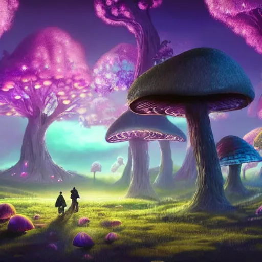 Image similar to concept art painting of a fantasy alien fungal landscape at night, magenta trees, glowing blue mushrooms, village of houses made of mushrooms, dark purple sky, realistic, detailed, cel shaded, in the style of makoto shinkai and greg rutkowski and albert bierstadt and james gurney