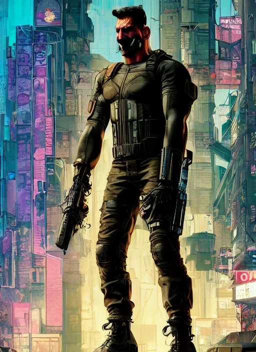 Image similar to the punisher. cyberpunk mercenary in tactical harness and jumpsuit. spin kick. portrait by stonehouse and mœbius and will eisner and gil elvgren and pixar. realistic proportions. dystopian. cyberpunk 2 0 7 7, apex, blade runner 2 0 4 9 concept art. cel shading. attractive face. thick lines.