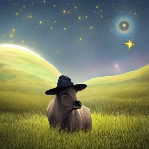 Prompt: a detailed picture of stars and a nebula shaped like a cow in a grassy field wearing a witch hat, cow wearing hat!!! viewed in profile and far away, fog in the background, ultrawide lens, aerial photography, black and blue color scheme with gold highlights, art by marco bucci and danny flynn, artstation, 8 k
