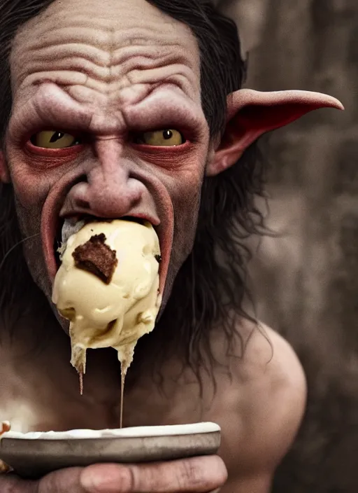 Image similar to closeup portrait of a medieval goblin eating icecream, depth of field, zeiss lens, detailed, symmetrical, centered, fashion photoshoot, by Annie Leibovitz and Steve McCurry, David Lazar, Jimmy Nelsson, Breathtaking, 8k resolution, extremely detailed, beautiful, establishing shot, artistic, hyperrealistic, beautiful face, octane render