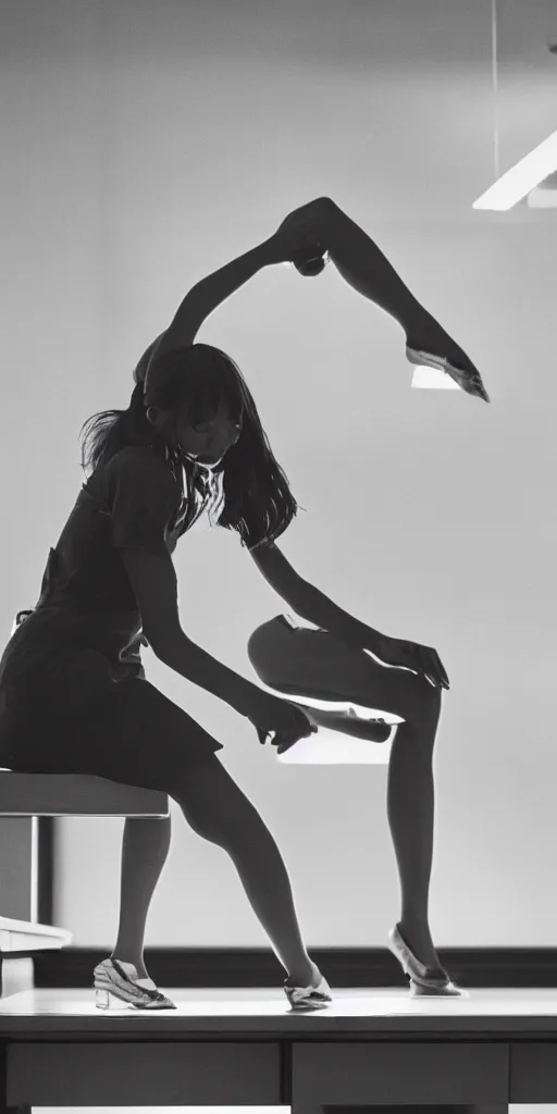 Prompt: tilted frame, dutch angle, skewed shot, film still of stylish girl dancing on school desk, cinematography from music video, intricate, elegant, highly detailed, smooth, sharp focus,