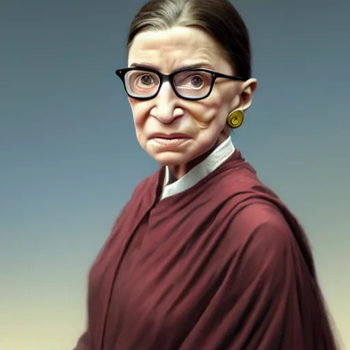 Image similar to a hyper - realistic character concept art portrait of young ruth bader ginsburg, depth of field background, artstation, award - winning realistic sci - fi concept art by jim burns and greg rutkowski, beksinski, a realism masterpiece, james gilleard, bruegel, alphonse mucha, and yoshitaka amano.