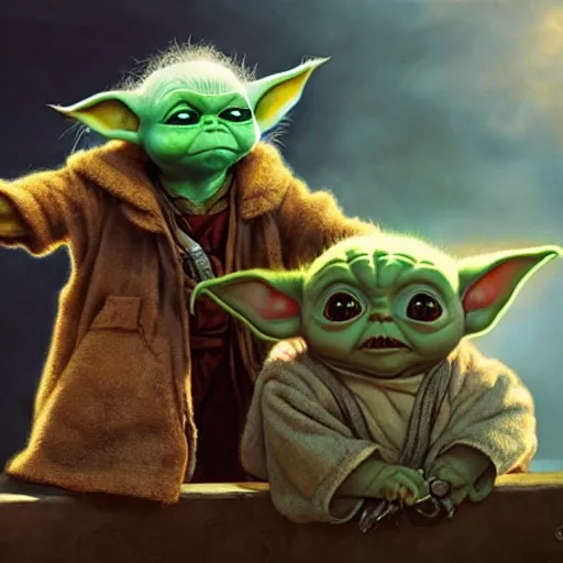 Image similar to gizmo mogwai and baby yoda are best friends, cinematic composition, epic dramatic lighting, realistic, hyperdetailed, photorealistic, photograph, epic scale by gaston bussiere