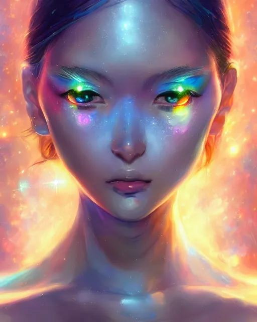 Prompt: A realistic anime portrait of a beautiful cosmic woman with glowing rainbow eyes and cosmic skin wearing clothes made of universes, digital painting, by Stanley Artgerm Lau, Sakimichan, WLOP , Makoto Shinkai and Rossdraws, digital painting, trending on ArtStation, SFW version