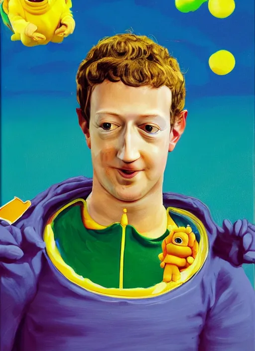 Image similar to Mark Zuckerberg looks anxious dressed as a Teletubbies, hyperfeminine, oil on canvas painting from rococo era Mark Zuckerberg portrait, Mattel product, vintage advertisement CMYK coloured lithography in the style of Bjork, in the style of David O\'Reilly, directed by David Cronenberg, weirdcore cursed POV hidden